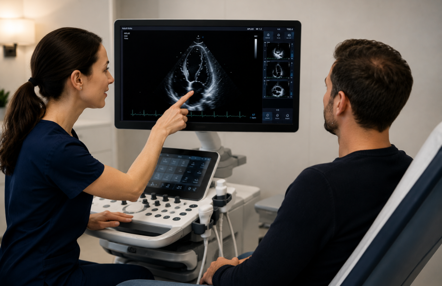 Cardiac ultrasound scan being performed to assess heart structure and valve function.