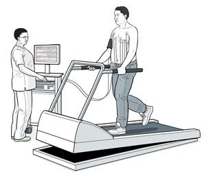 Patient performing an exercise ECG on a treadmill during cardiac stress testing.