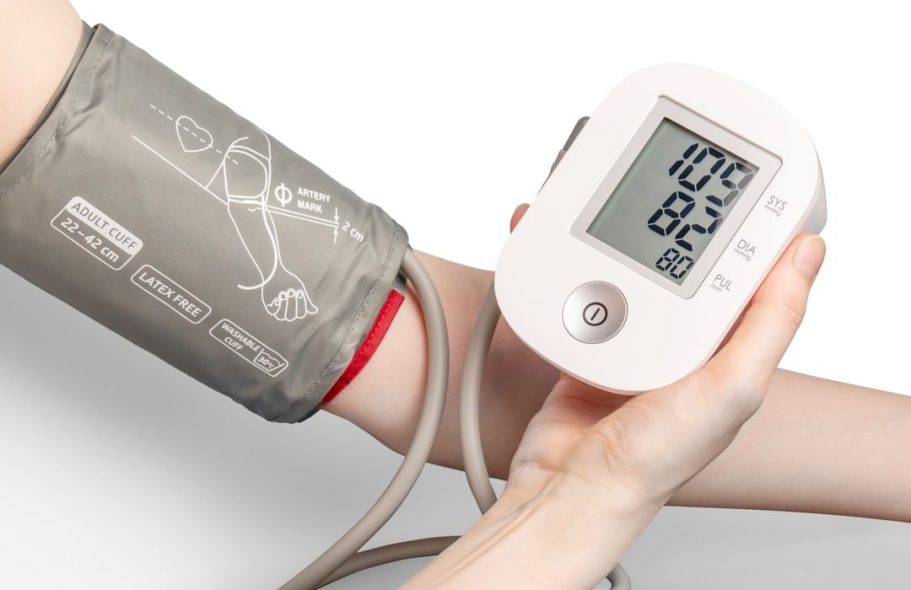 Ambulatory blood pressure monitor worn to record blood pressure over 24 hours.